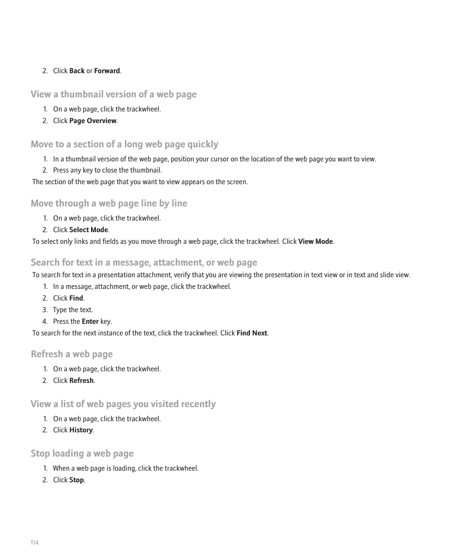 View a thumbnail version of a web page, Move through a web page line by line, Refresh a web page | View a list of web pages you visited recently, Stop loading a web page | Blackberry 8707 User Manual | Page 116 / 323