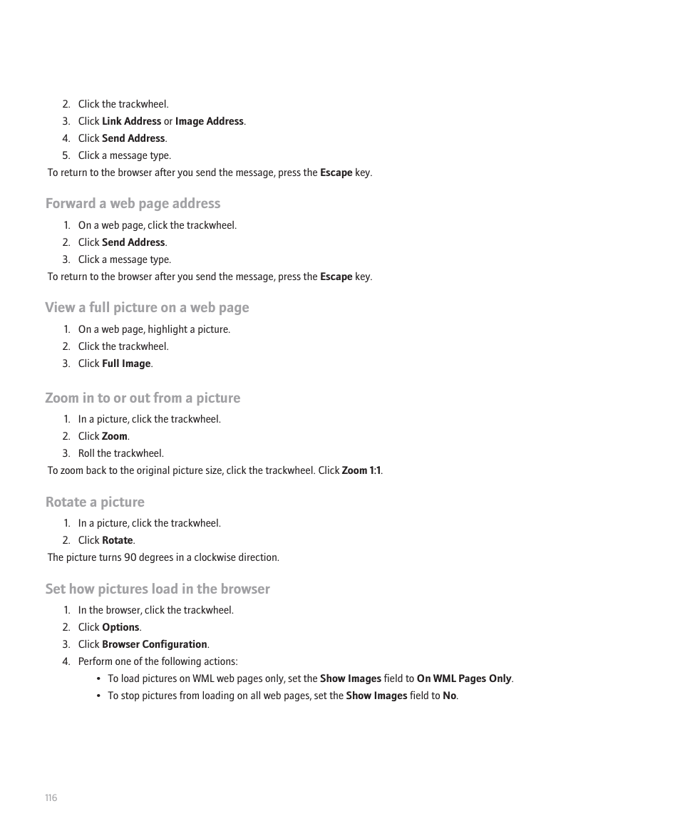 Forward a web page address, View a full picture on a web page, Zoom in to or out from a picture | Rotate a picture, Set how pictures load in the browser | Blackberry 8707 User Manual | Page 118 / 323