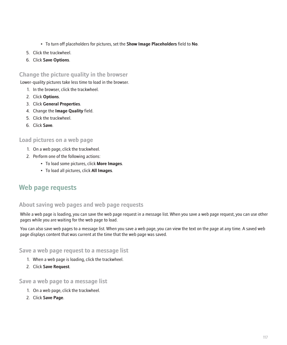 Web page requests, Change the picture quality in the browser, Load pictures on a web page | About saving web pages and web page requests, Save a web page request to a message list, Save a web page to a message list | Blackberry 8707 User Manual | Page 119 / 323