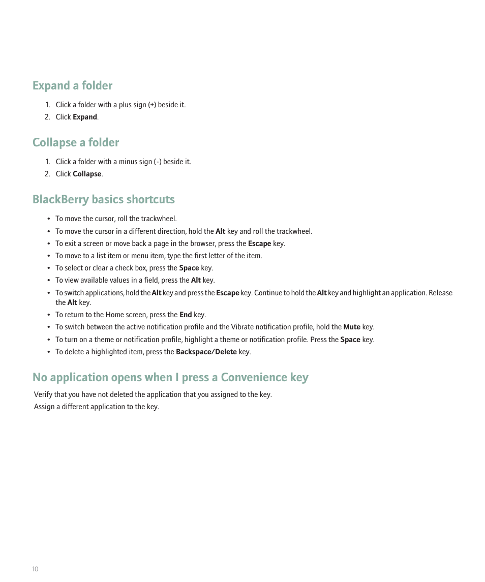 Expand a folder, Collapse a folder, Blackberry basics shortcuts | Blackberry 8707 User Manual | Page 12 / 323
