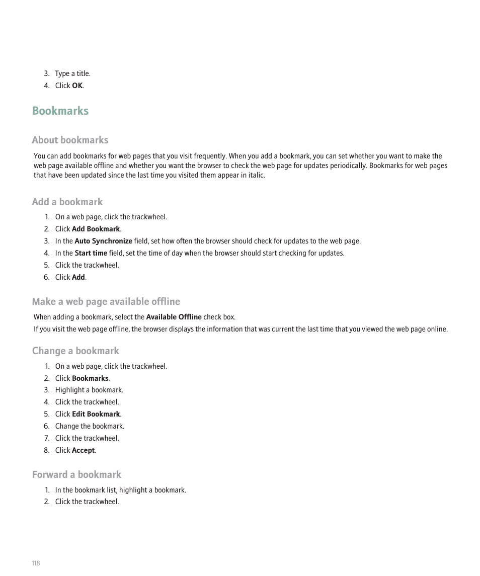 Bookmarks, About bookmarks, Add a bookmark | Make a web page available offline, Change a bookmark, Forward a bookmark | Blackberry 8707 User Manual | Page 120 / 323