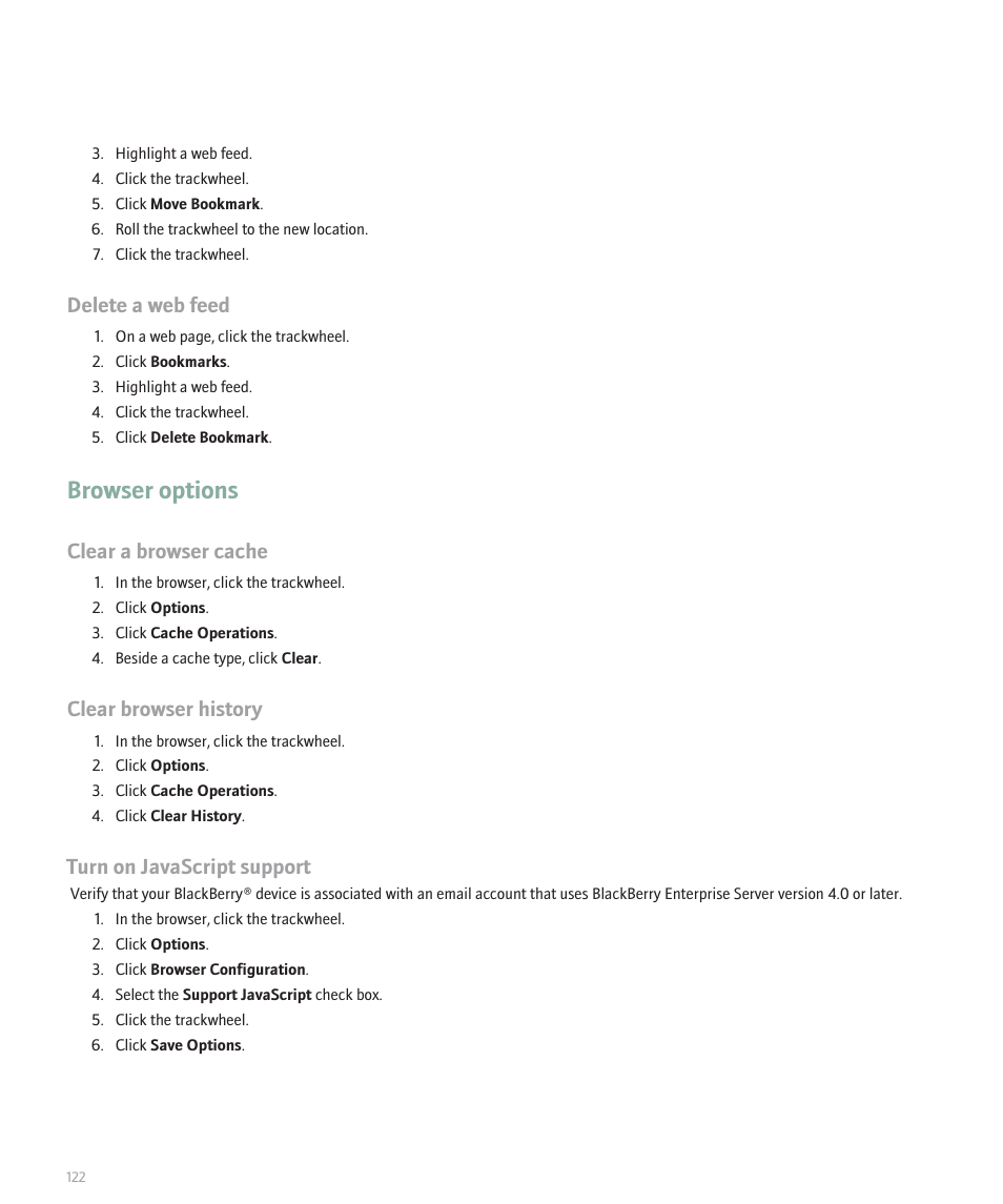 Browser options, Delete a web feed, Clear a browser cache | Clear browser history, Turn on javascript support | Blackberry 8707 User Manual | Page 124 / 323