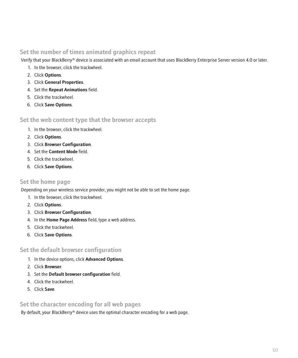 Set the number of times animated graphics repeat, Set the web content type that the browser accepts, Set the home page | Set the default browser configuration, Set the character encoding for all web pages | Blackberry 8707 User Manual | Page 125 / 323