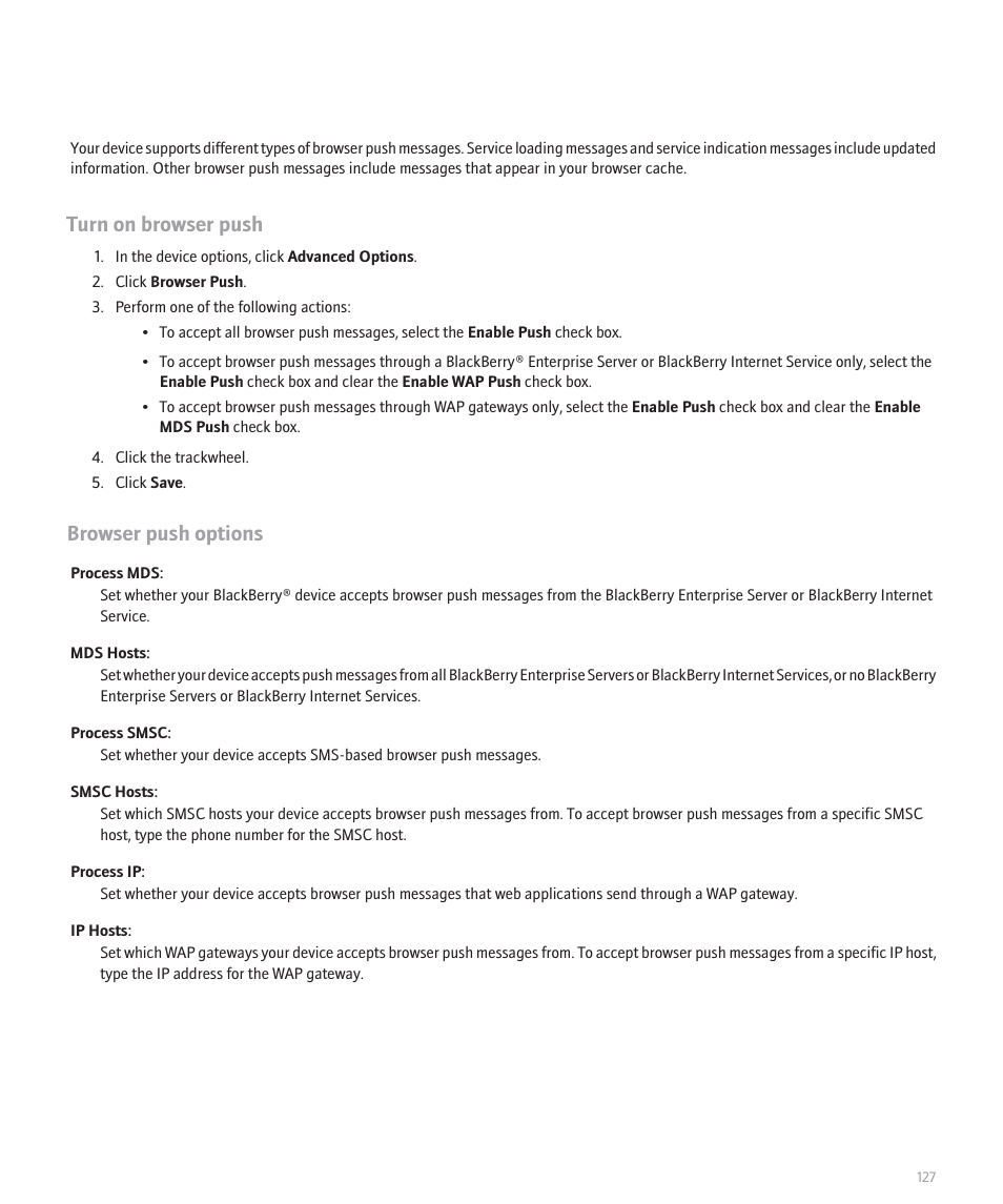 Turn on browser push, Browser push options | Blackberry 8707 User Manual | Page 129 / 323