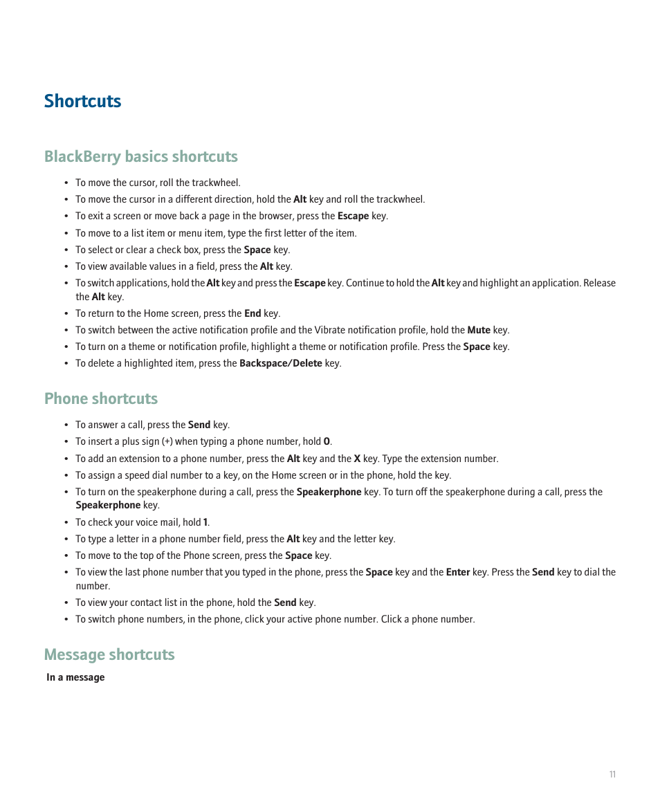 Shortcuts, Phone shortcuts, Message shortcuts | Blackberry basics shortcuts | Blackberry 8707 User Manual | Page 13 / 323