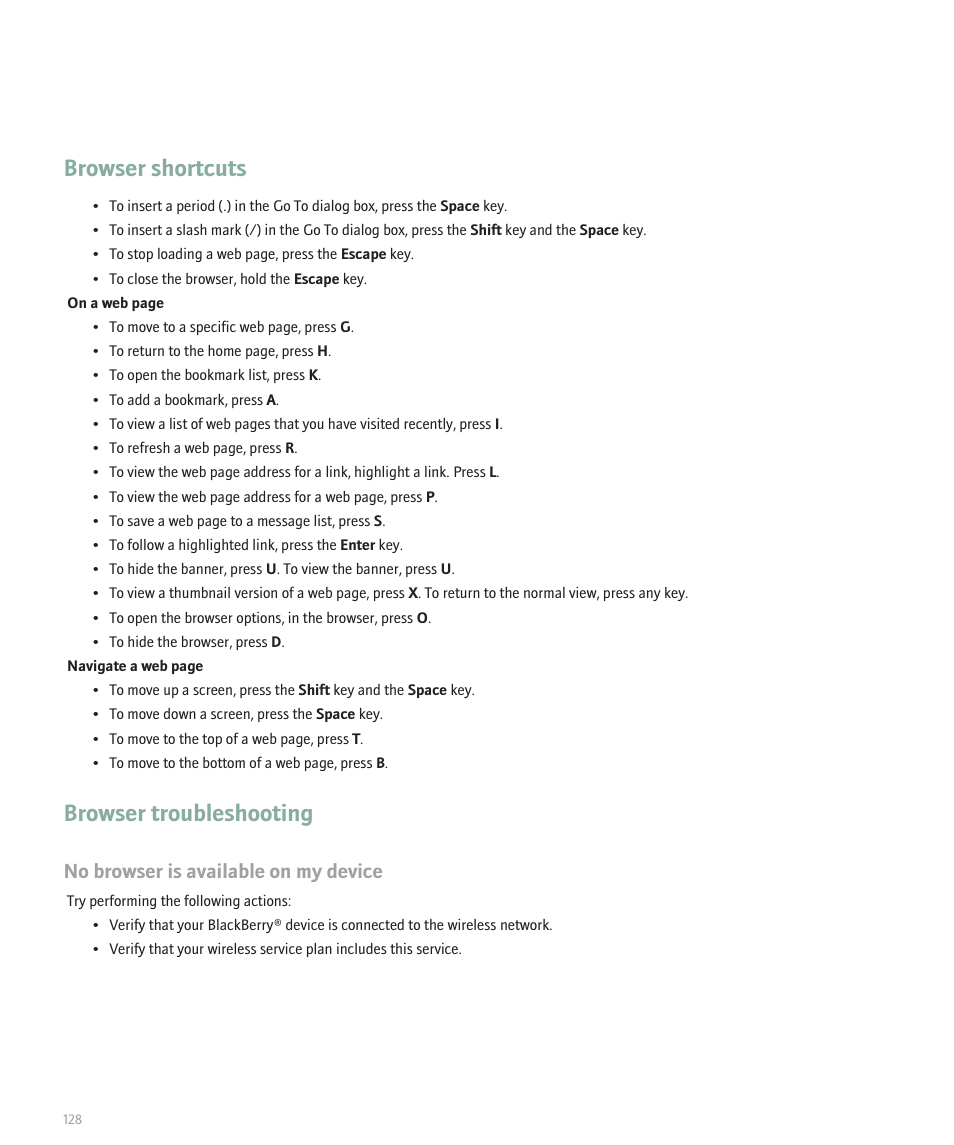 Browser troubleshooting, Browser shortcuts, No browser is available on my device | Blackberry 8707 User Manual | Page 130 / 323