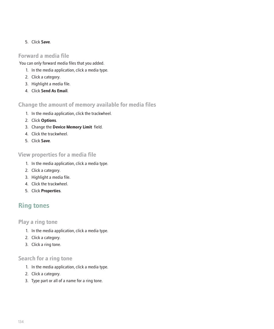 Ring tones, Forward a media file, View properties for a media file | Play a ring tone, Search for a ring tone | Blackberry 8707 User Manual | Page 136 / 323