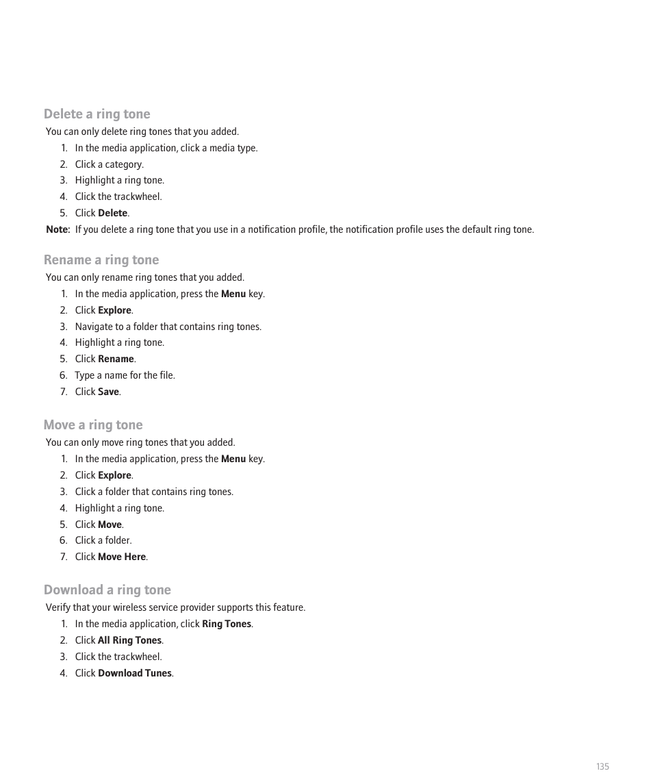 Delete a ring tone, Rename a ring tone, Move a ring tone | Download a ring tone | Blackberry 8707 User Manual | Page 137 / 323