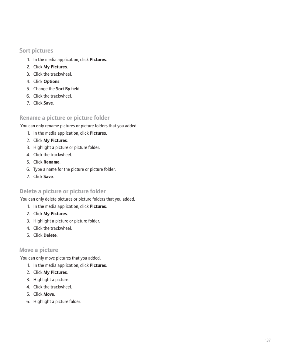 Sort pictures, Rename a picture or picture folder, Delete a picture or picture folder | Move a picture | Blackberry 8707 User Manual | Page 139 / 323