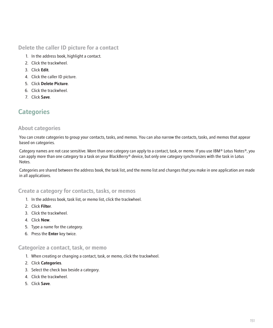 Categories, Delete the caller id picture for a contact, About categories | Blackberry 8707 User Manual | Page 153 / 323