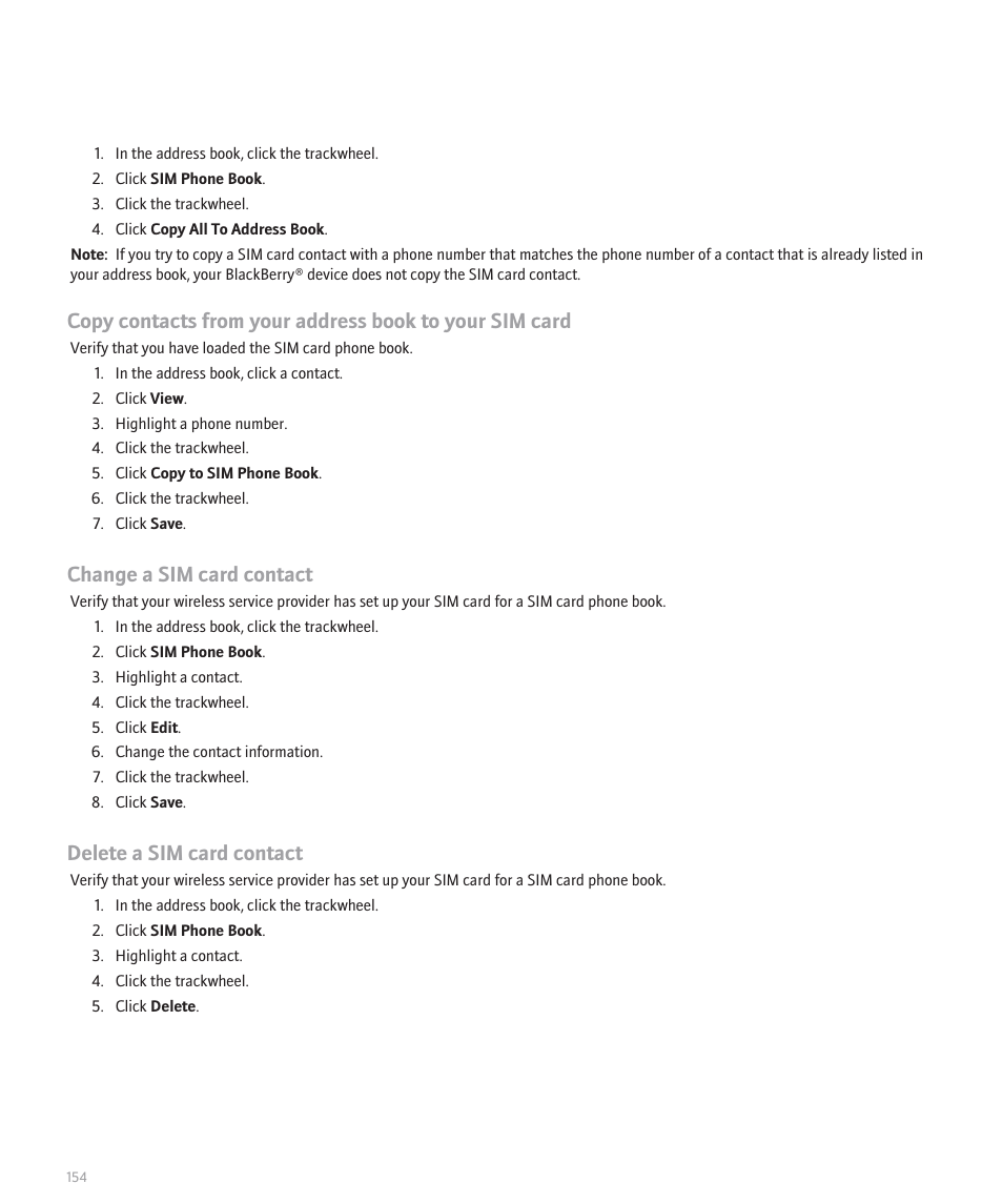 Change a sim card contact, Delete a sim card contact | Blackberry 8707 User Manual | Page 156 / 323