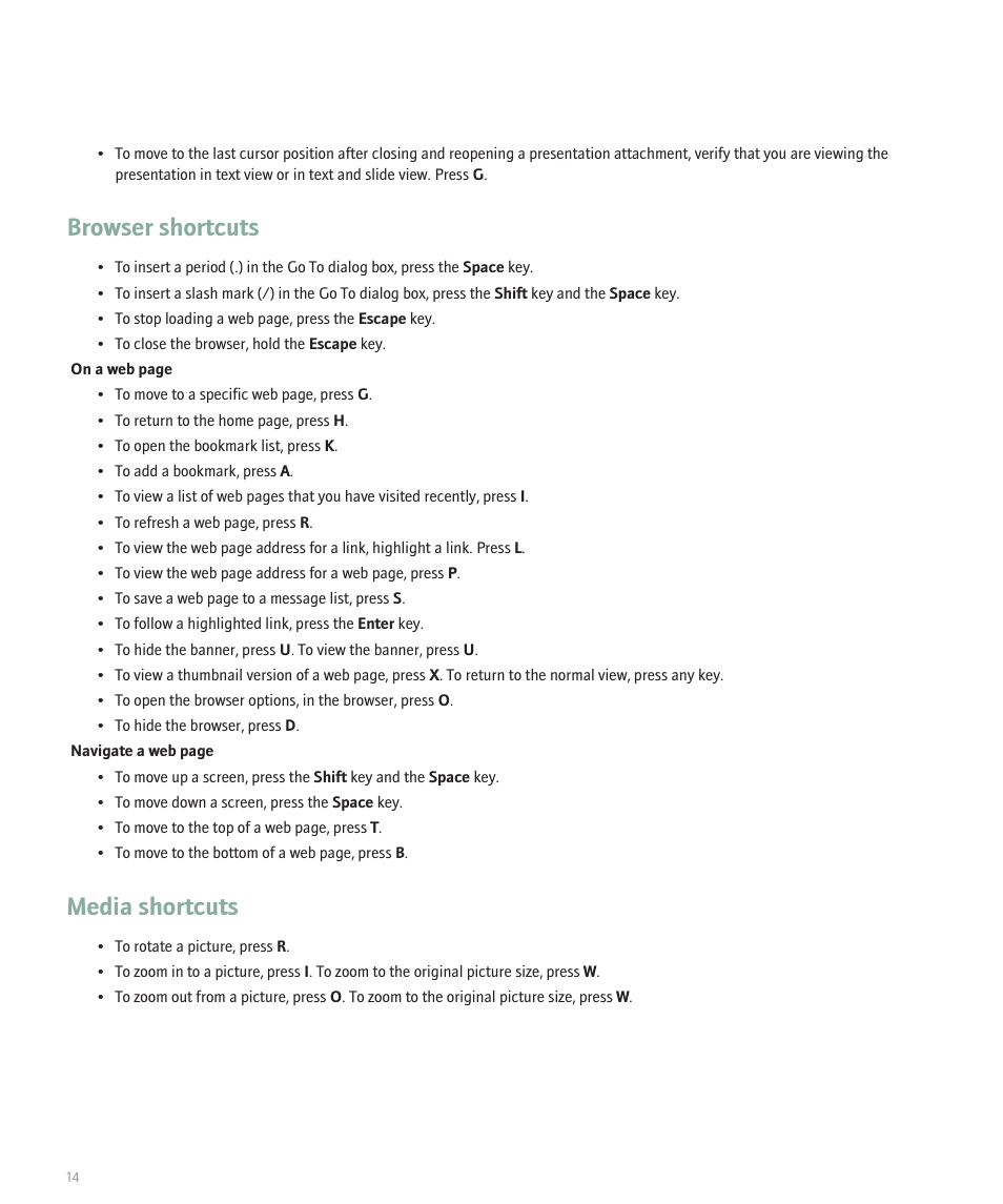 Browser shortcuts, Media shortcuts | Blackberry 8707 User Manual | Page 16 / 323