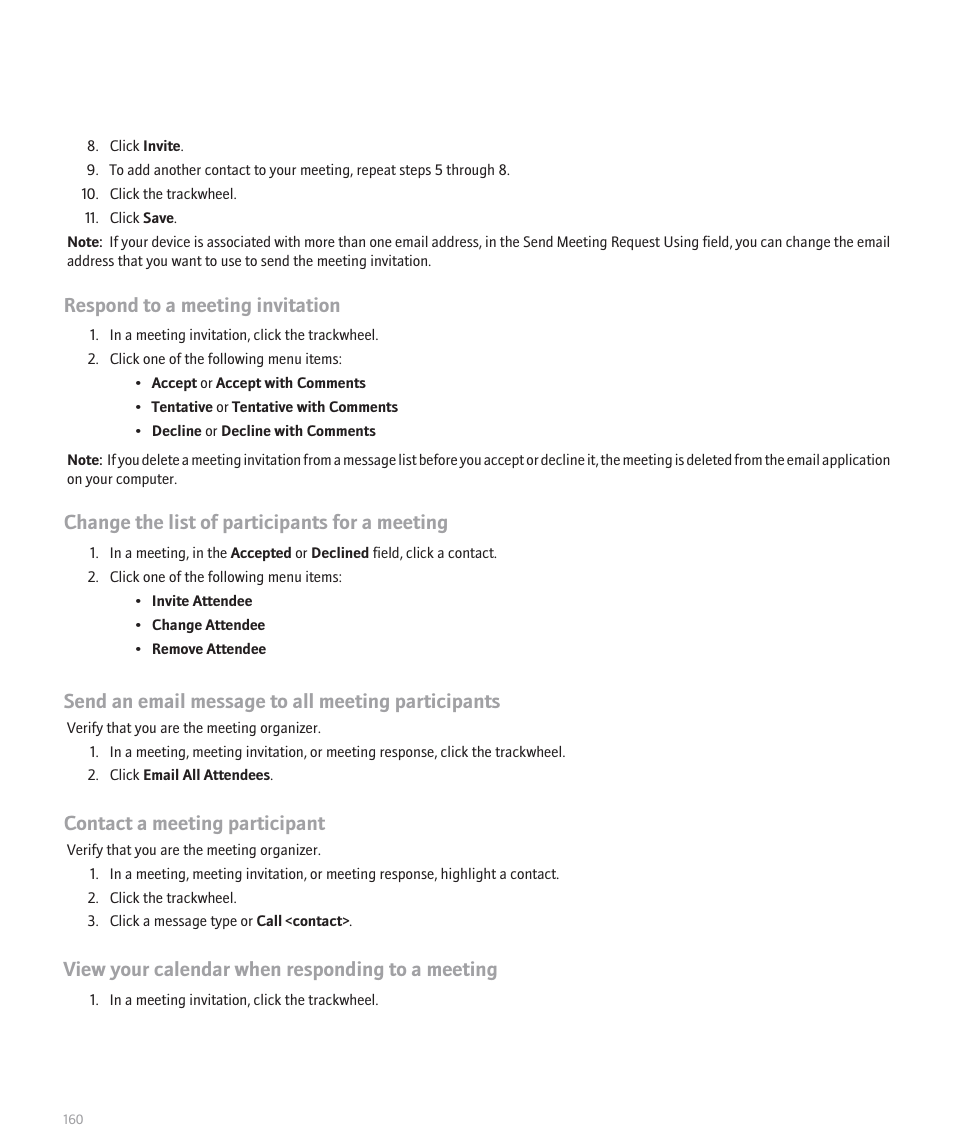 Respond to a meeting invitation, Change the list of participants for a meeting, Send an email message to all meeting participants | Contact a meeting participant, View your calendar when responding to a meeting | Blackberry 8707 User Manual | Page 162 / 323