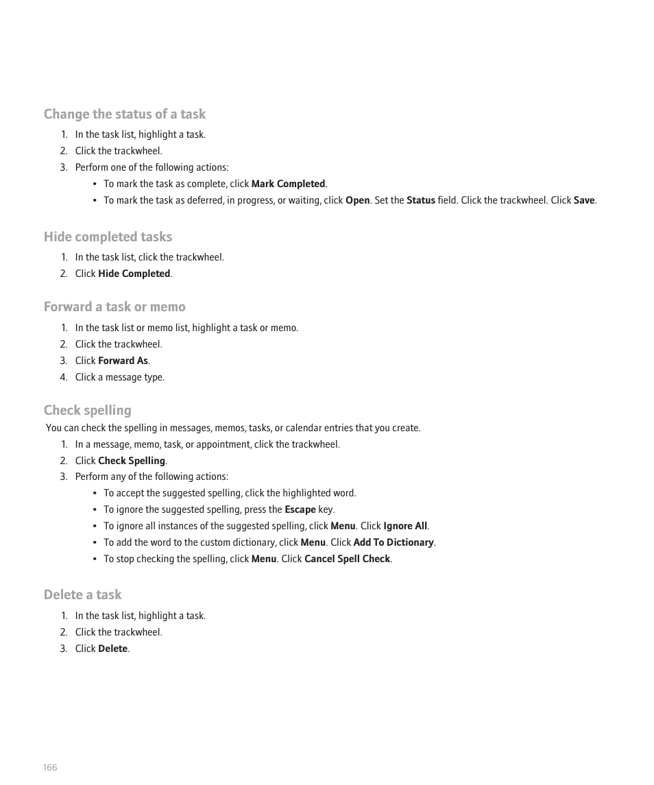 Change the status of a task, Hide completed tasks, Check spelling | Delete a task | Blackberry 8707 User Manual | Page 168 / 323
