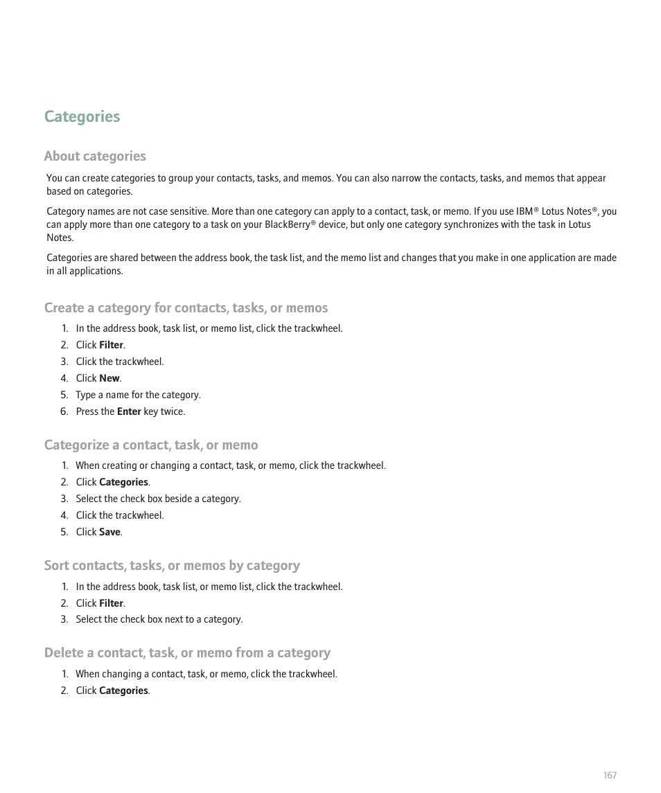 Categories, About categories | Blackberry 8707 User Manual | Page 169 / 323
