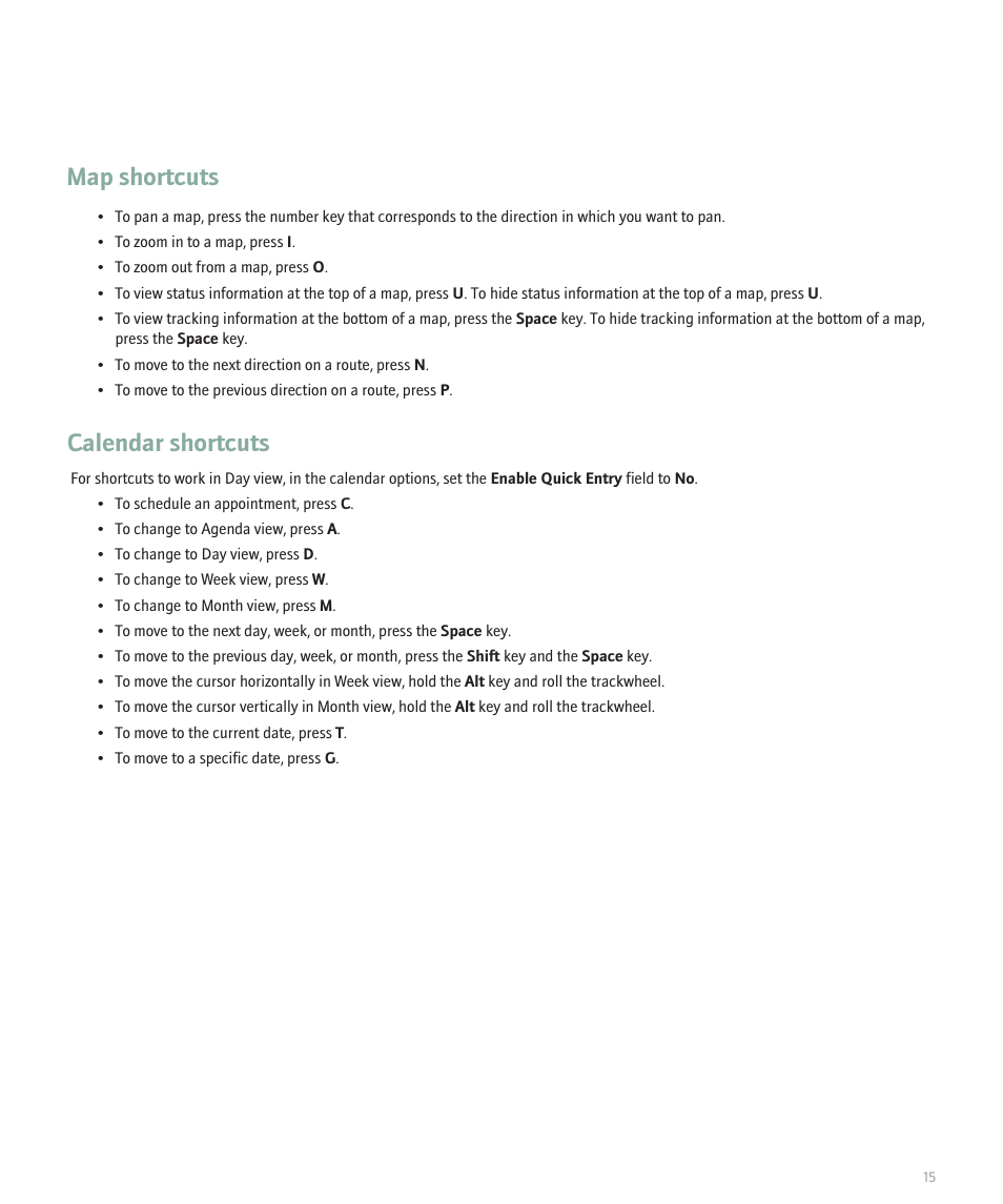Map shortcuts, Calendar shortcuts | Blackberry 8707 User Manual | Page 17 / 323