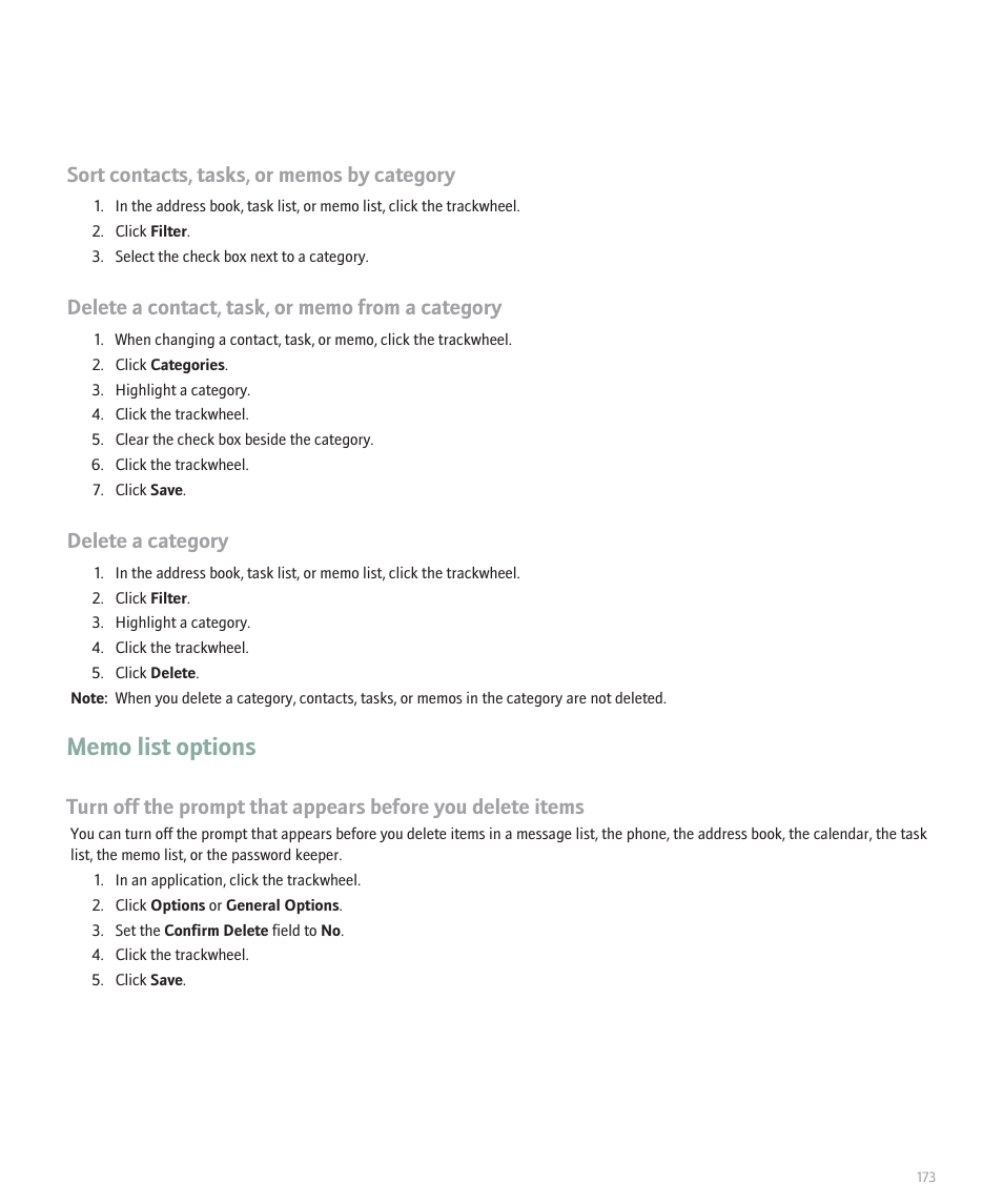 Memo list options, Delete a category | Blackberry 8707 User Manual | Page 175 / 323