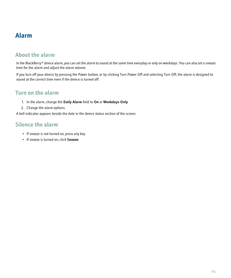 Alarm, About the alarm, Turn on the alarm | Silence the alarm | Blackberry 8707 User Manual | Page 177 / 323