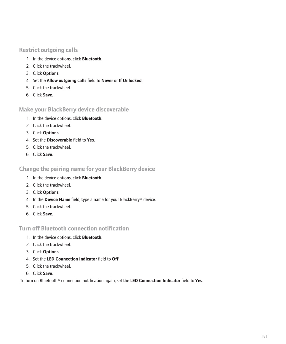 Restrict outgoing calls, Make your blackberry device discoverable, Change the pairing name for your blackberry device | Turn off bluetooth connection notification | Blackberry 8707 User Manual | Page 183 / 323
