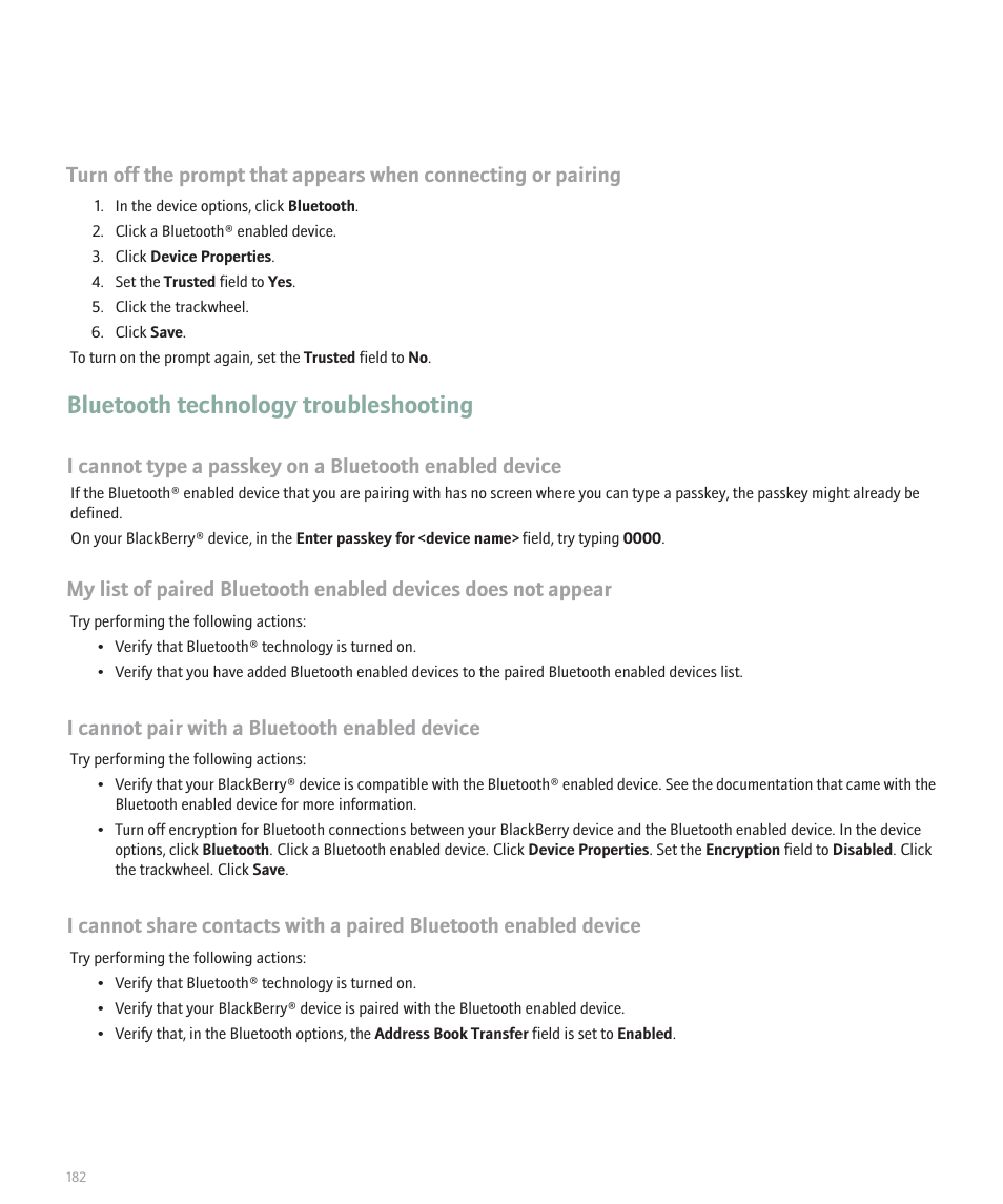 Bluetooth technology troubleshooting, I cannot pair with a bluetooth enabled device | Blackberry 8707 User Manual | Page 184 / 323