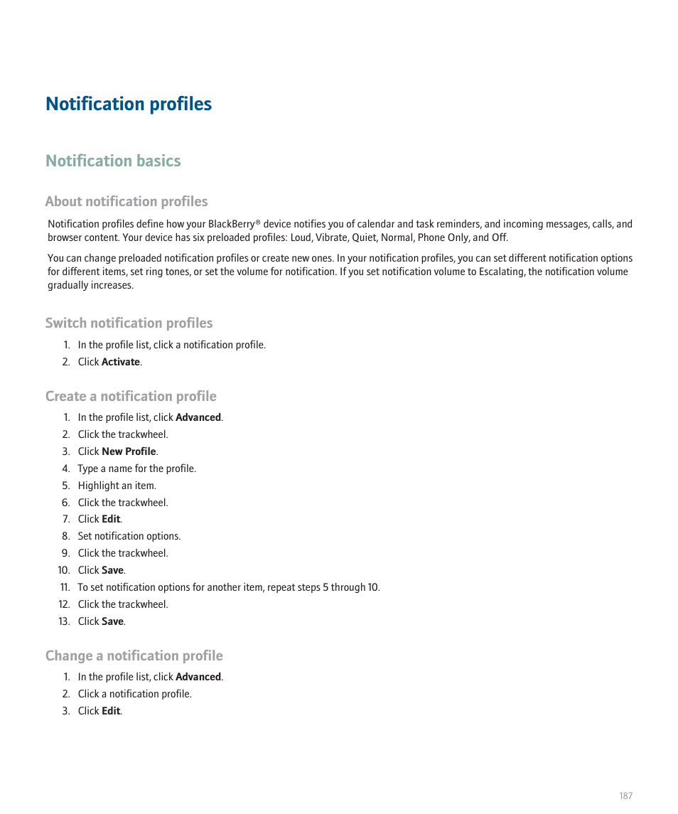 Notification profiles, Notification basics, About notification profiles | Switch notification profiles, Create a notification profile, Change a notification profile | Blackberry 8707 User Manual | Page 189 / 323