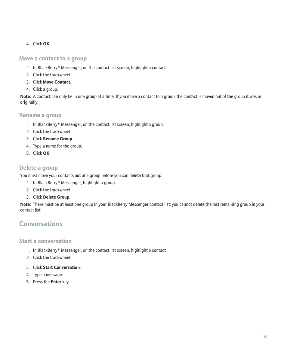 Conversations, Move a contact to a group, Rename a group | Delete a group, Start a conversation | Blackberry 8707 User Manual | Page 199 / 323