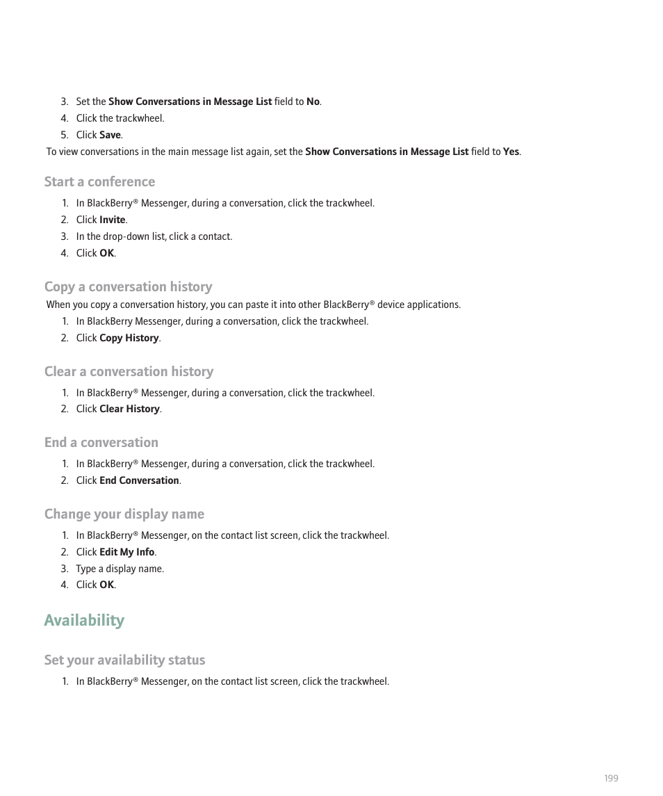 Availability, Start a conference, Copy a conversation history | Clear a conversation history, End a conversation, Change your display name, Set your availability status | Blackberry 8707 User Manual | Page 201 / 323
