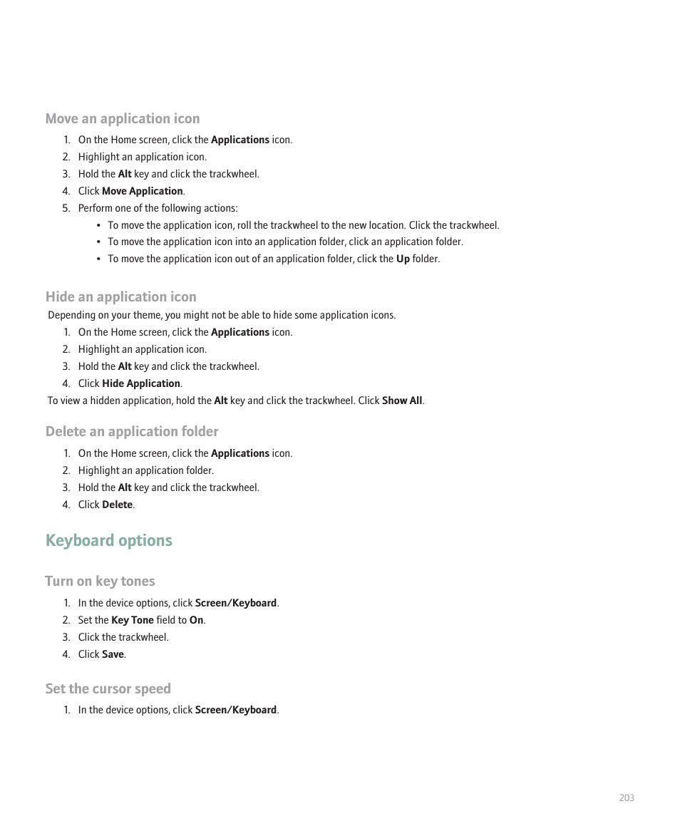 Keyboard options, Move an application icon, Hide an application icon | Delete an application folder, Turn on key tones, Set the cursor speed | Blackberry 8707 User Manual | Page 205 / 323