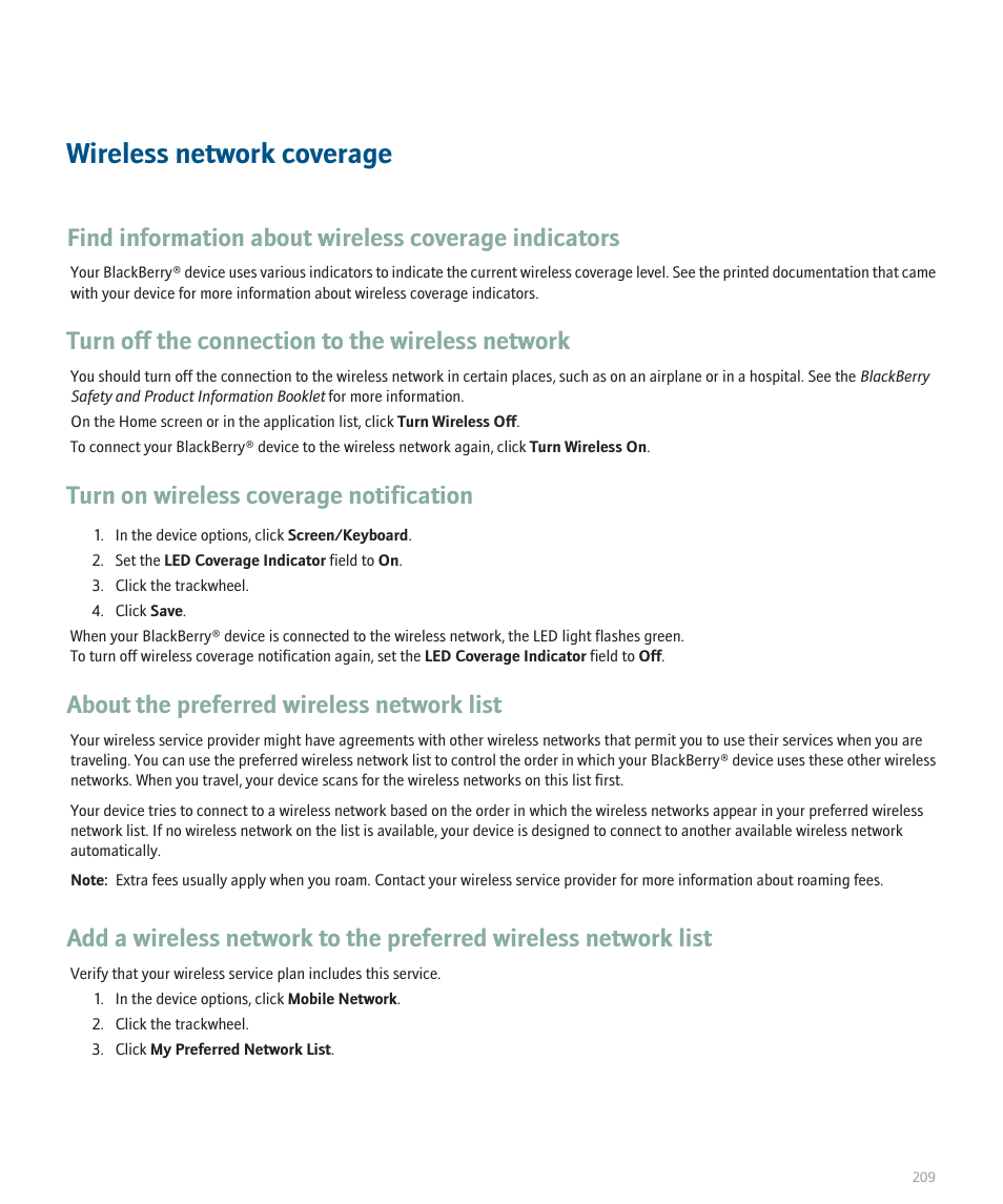 Wireless network coverage, Turn off the connection to the wireless network, About the preferred wireless network list | Turn on wireless coverage notification | Blackberry 8707 User Manual | Page 211 / 323