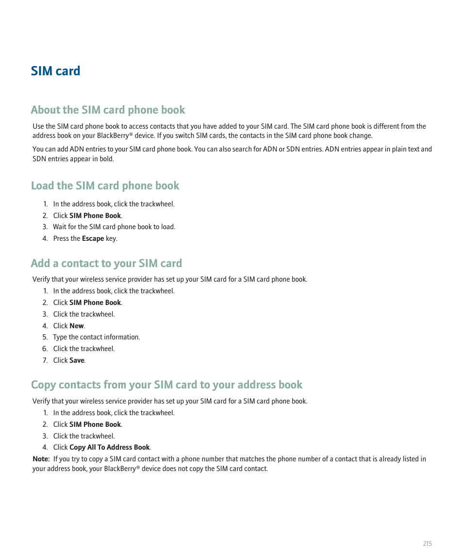 Sim card, About the sim card phone book, Load the sim card phone book | Add a contact to your sim card | Blackberry 8707 User Manual | Page 217 / 323