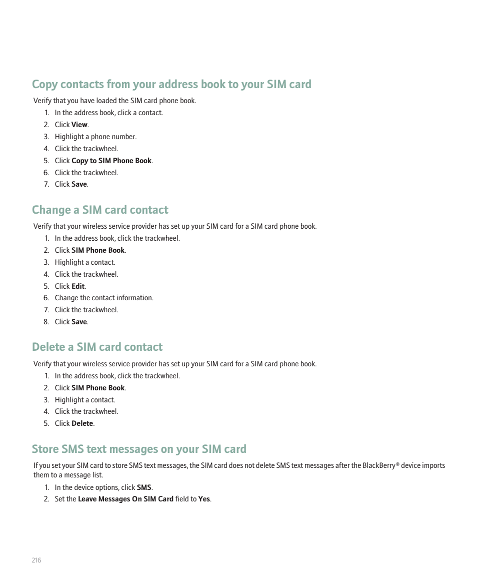 Change a sim card contact, Delete a sim card contact, Store sms text messages on your sim card | Blackberry 8707 User Manual | Page 218 / 323