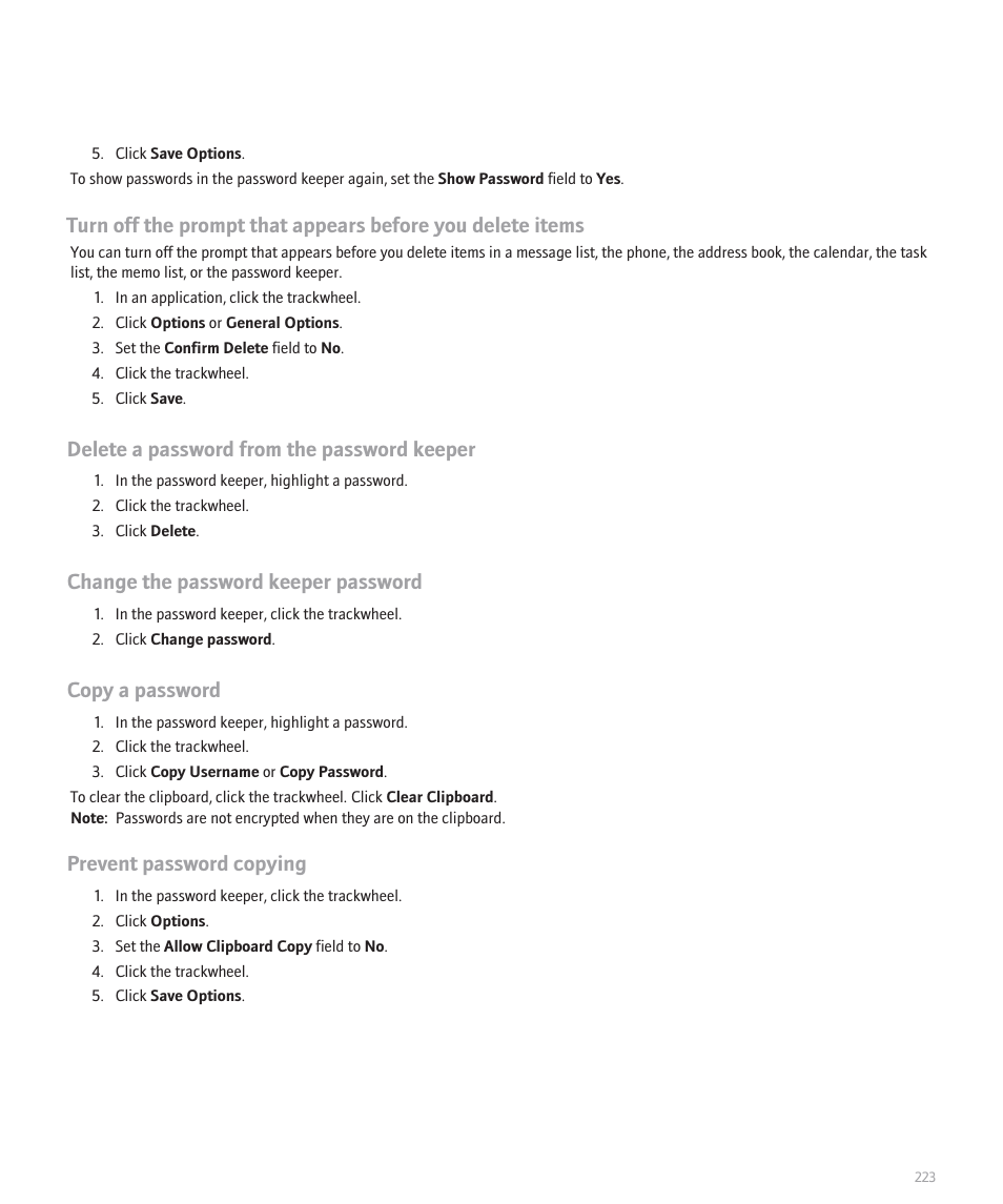 Delete a password from the password keeper, Change the password keeper password, Copy a password | Prevent password copying | Blackberry 8707 User Manual | Page 225 / 323