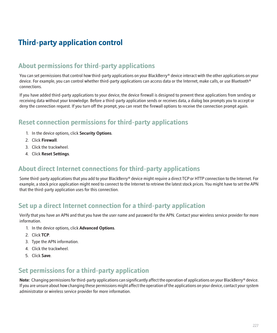 Third-party application control, About permissions for third-party applications, Set permissions for a third-party application | Blackberry 8707 User Manual | Page 229 / 323