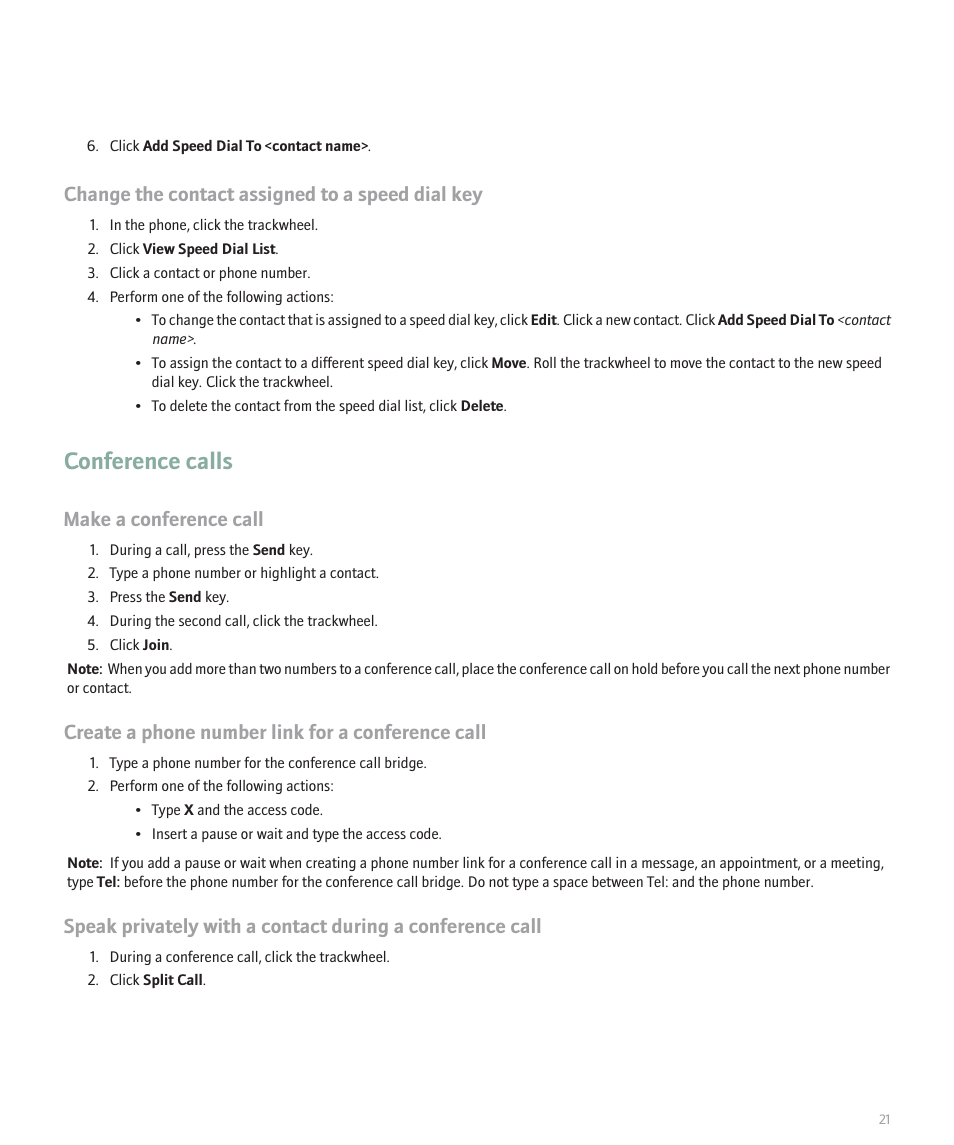 Conference calls, Change the contact assigned to a speed dial key, Make a conference call | Create a phone number link for a conference call | Blackberry 8707 User Manual | Page 23 / 323
