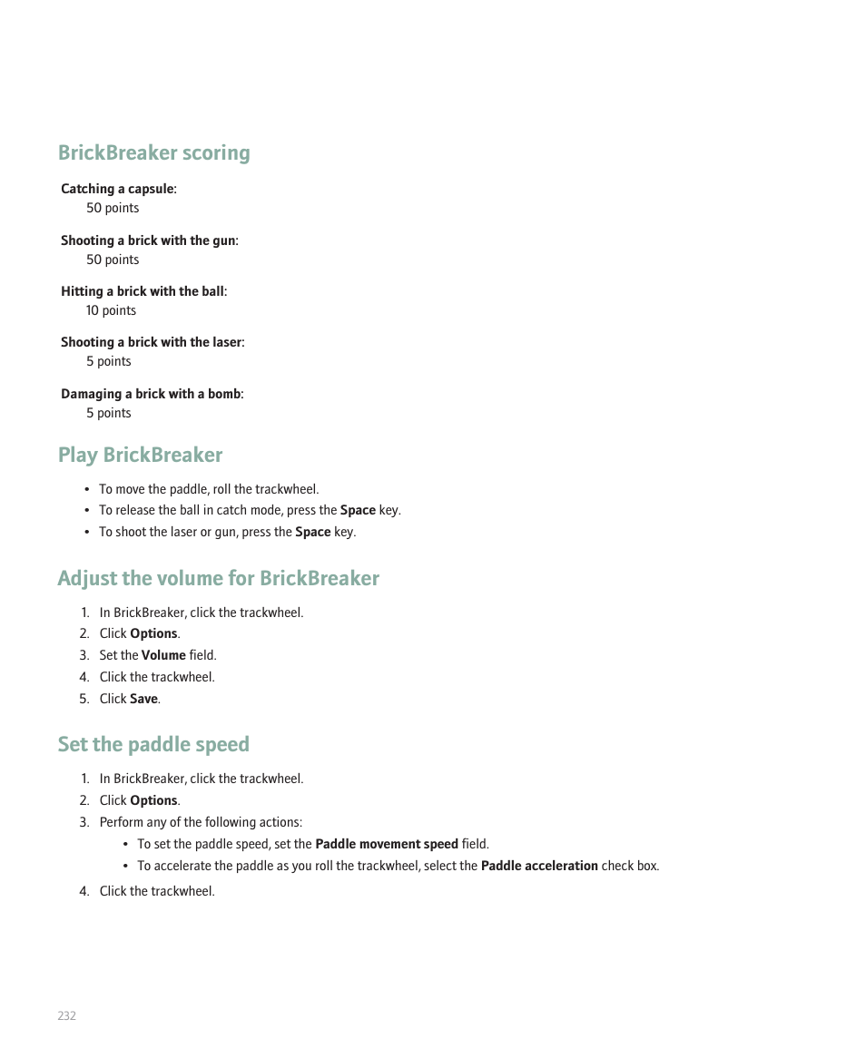 Brickbreaker scoring, Play brickbreaker, Adjust the volume for brickbreaker | Set the paddle speed | Blackberry 8707 User Manual | Page 234 / 323