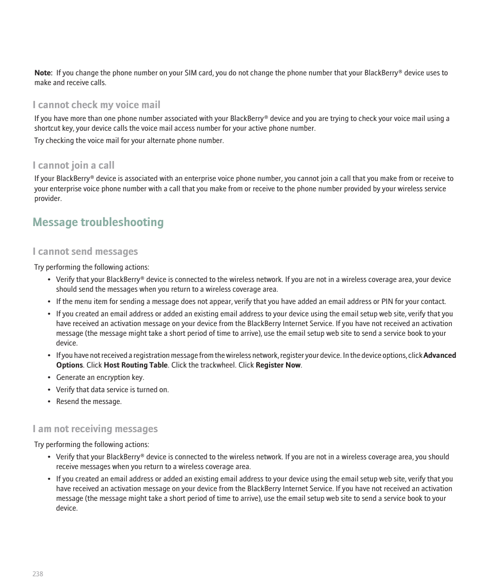 Message troubleshooting, I cannot check my voice mail, I cannot join a call | I cannot send messages, I am not receiving messages | Blackberry 8707 User Manual | Page 240 / 323