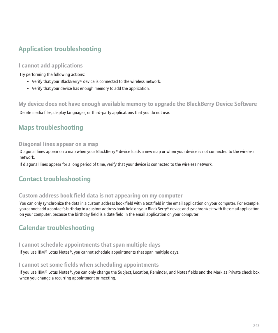 Application troubleshooting, Maps troubleshooting, Contact troubleshooting | Calendar troubleshooting | Blackberry 8707 User Manual | Page 245 / 323