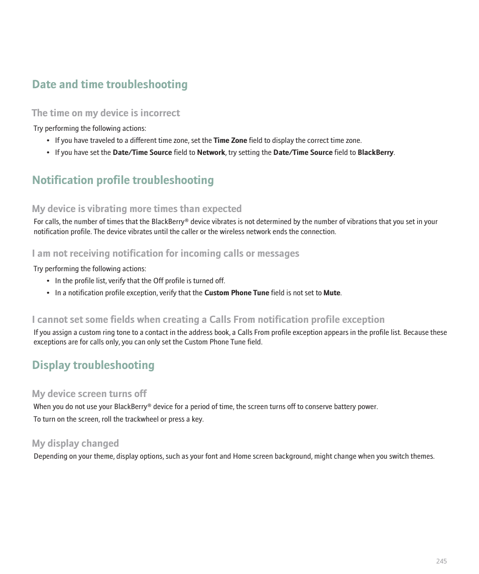 Date and time troubleshooting, Notification profile troubleshooting, Display troubleshooting | Blackberry 8707 User Manual | Page 247 / 323