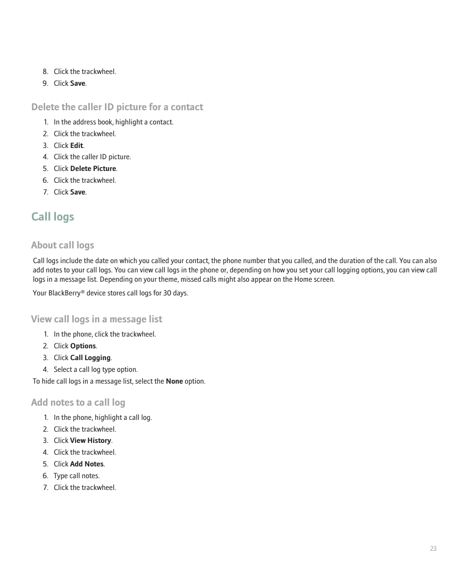 Call logs, Delete the caller id picture for a contact, About call logs | View call logs in a message list | Blackberry 8707 User Manual | Page 25 / 323