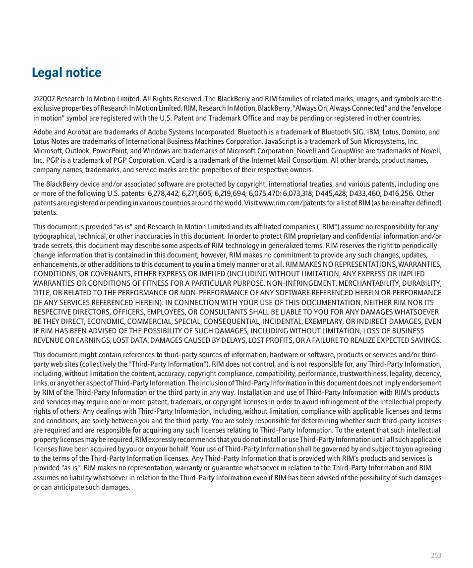 Legal notice | Blackberry 8707 User Manual | Page 255 / 323