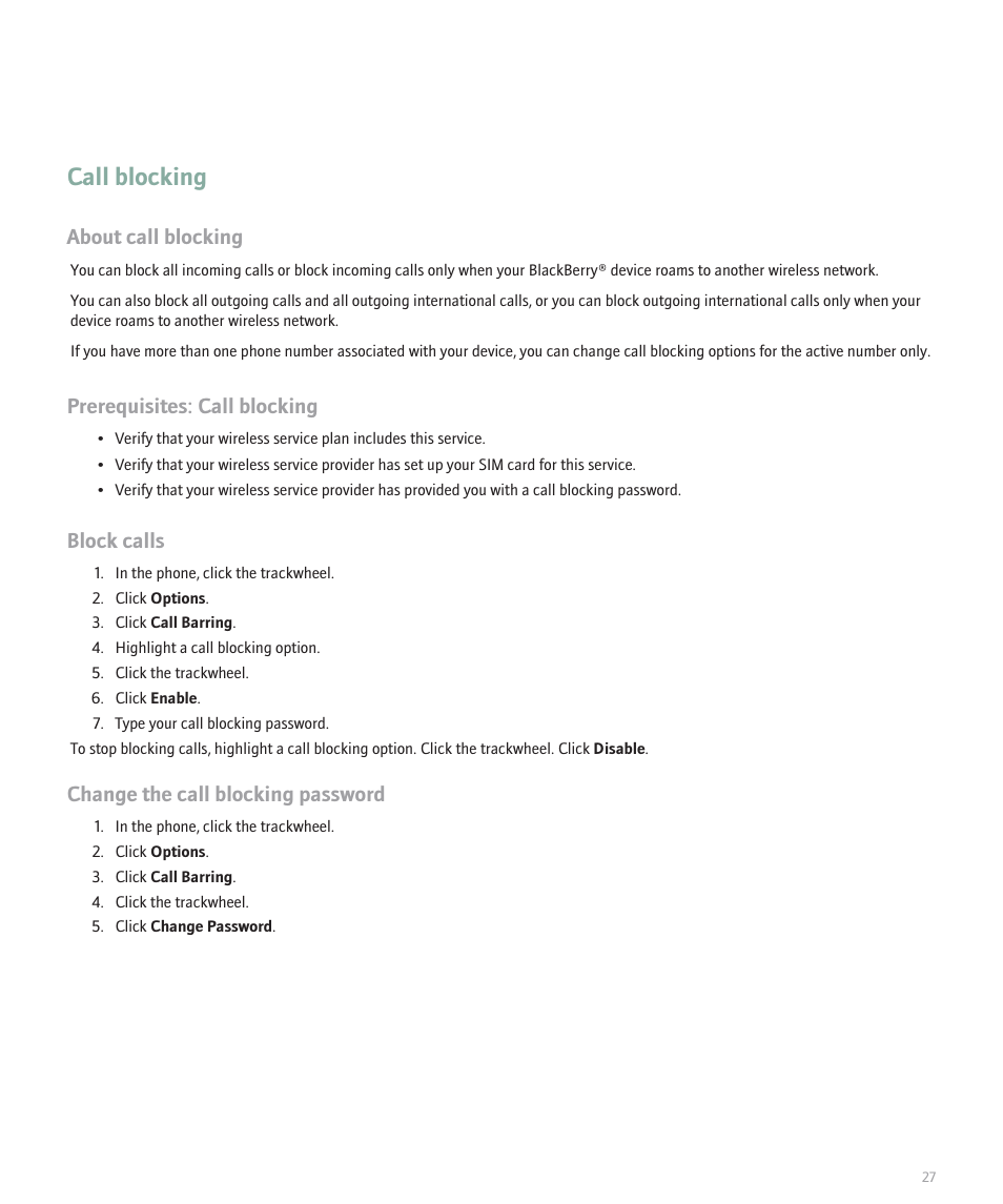Call blocking, About call blocking, Prerequisites: call blocking | Block calls, Change the call blocking password | Blackberry 8707 User Manual | Page 29 / 323