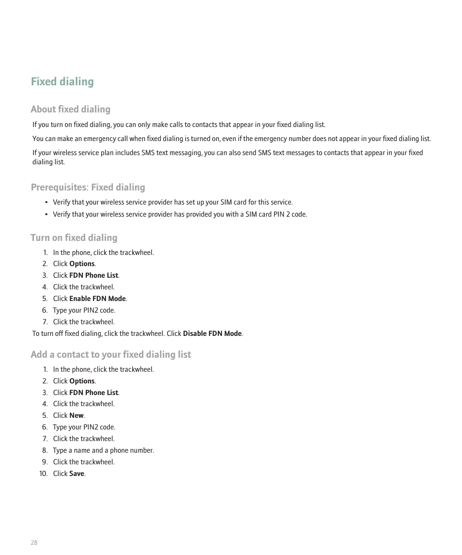 Fixed dialing, About fixed dialing, Prerequisites: fixed dialing | Turn on fixed dialing, Add a contact to your fixed dialing list | Blackberry 8707 User Manual | Page 30 / 323