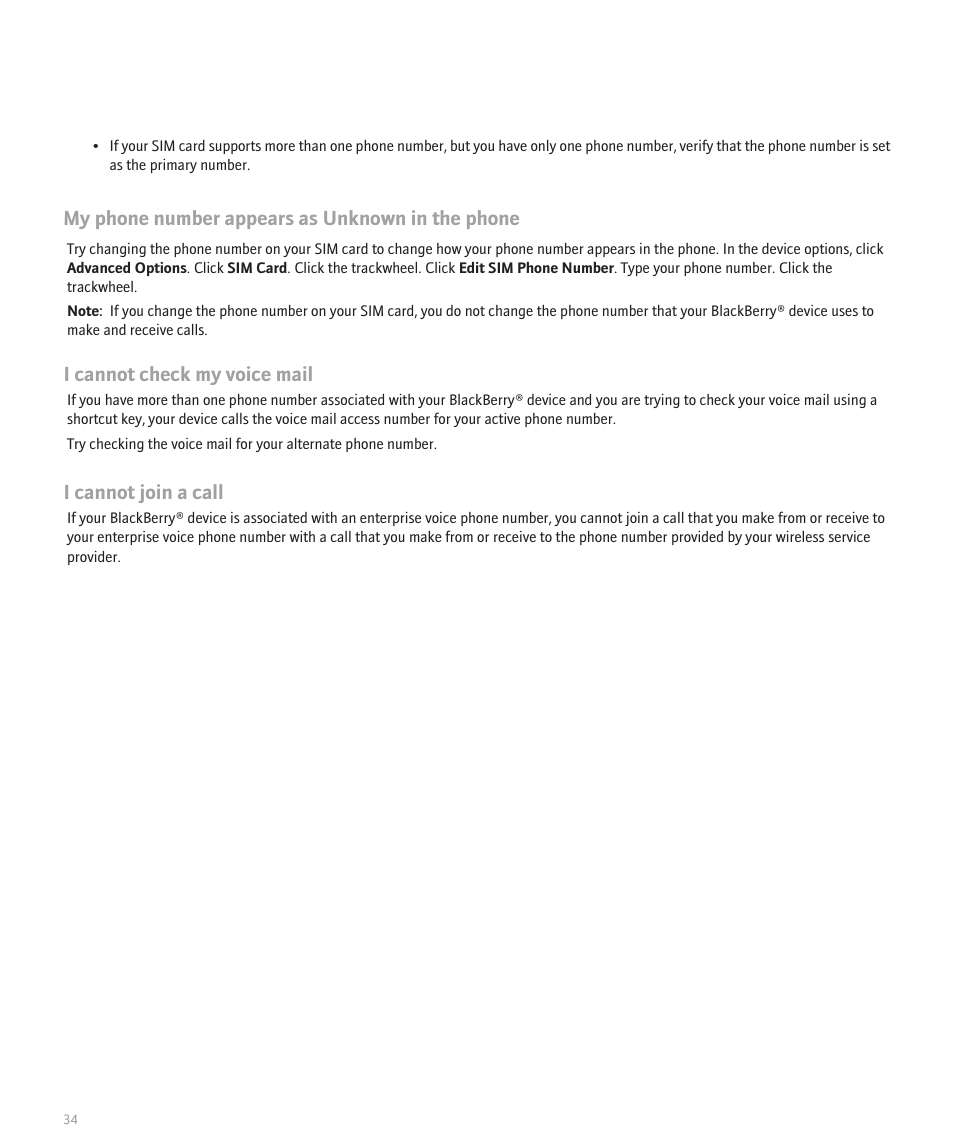 My phone number appears as unknown in the phone, I cannot check my voice mail, I cannot join a call | Blackberry 8707 User Manual | Page 36 / 323