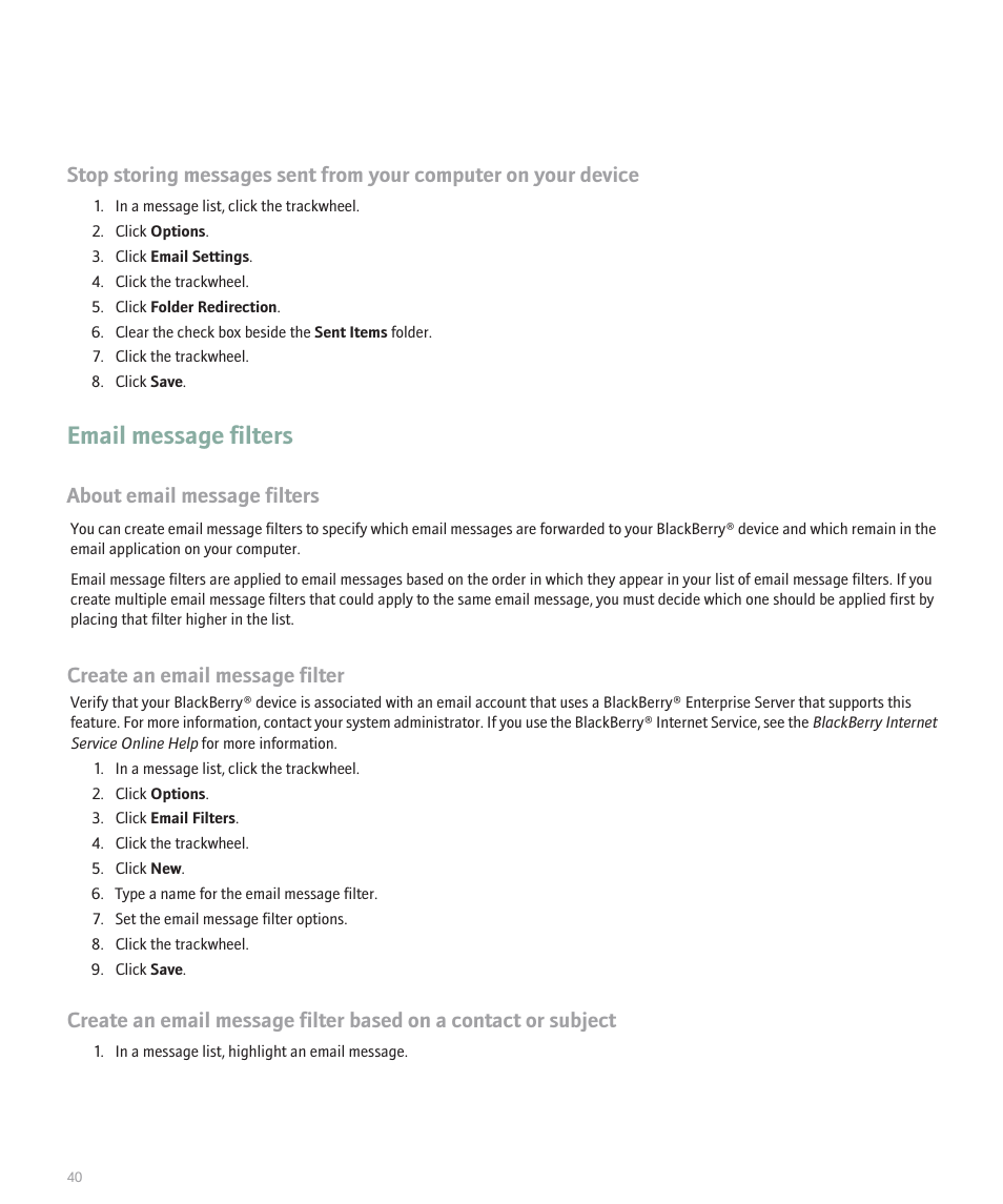 Email message filters, About email message filters, Create an email message filter | Blackberry 8707 User Manual | Page 42 / 323