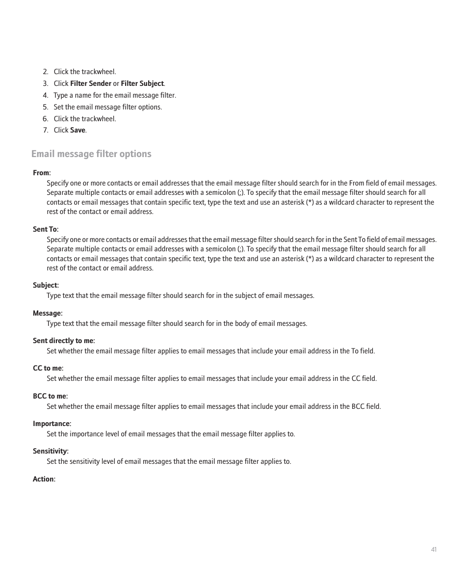 Email message filter options | Blackberry 8707 User Manual | Page 43 / 323