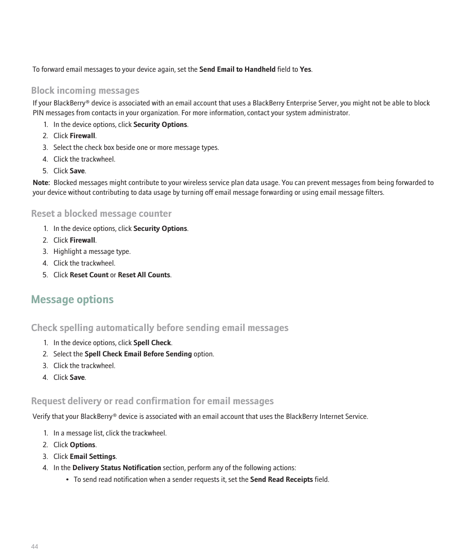 Message options, Block incoming messages, Reset a blocked message counter | Blackberry 8707 User Manual | Page 46 / 323