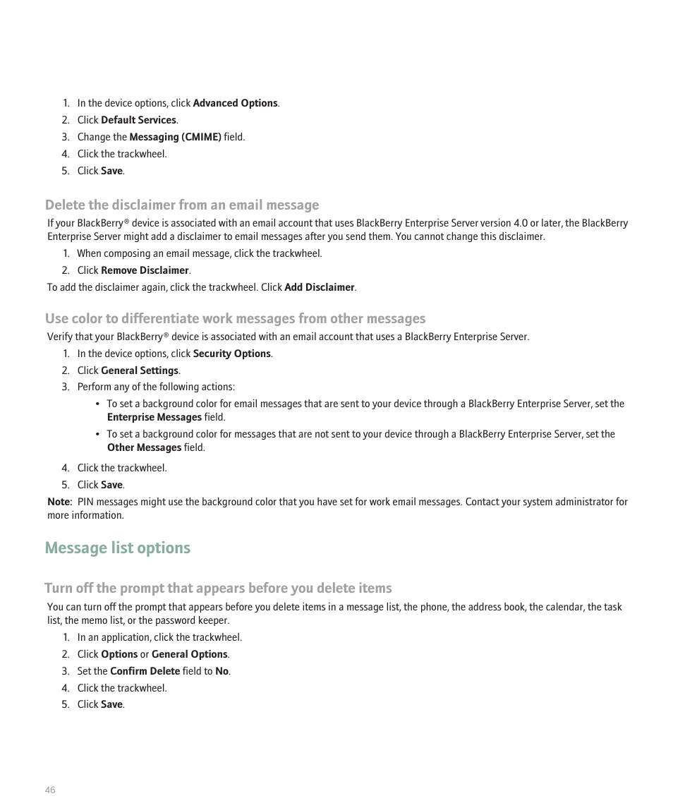 Message list options, Delete the disclaimer from an email message | Blackberry 8707 User Manual | Page 48 / 323