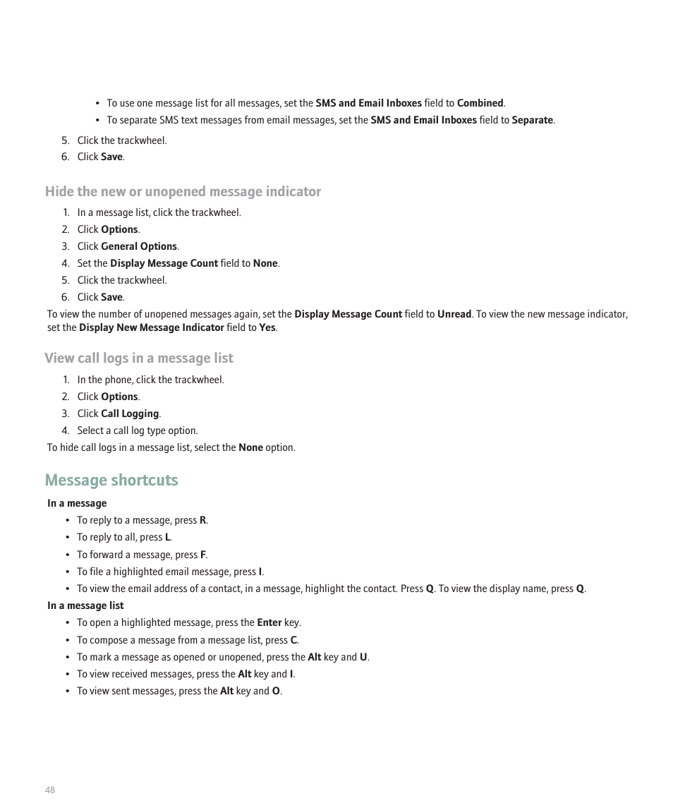 Message shortcuts, Hide the new or unopened message indicator, View call logs in a message list | Blackberry 8707 User Manual | Page 50 / 323