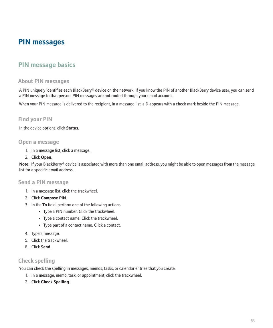 Pin messages, Pin message basics, About pin messages | Find your pin, Open a message, Send a pin message, Check spelling | Blackberry 8707 User Manual | Page 55 / 323