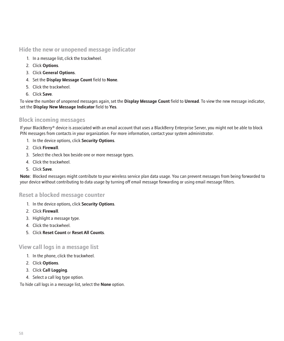 Hide the new or unopened message indicator, Block incoming messages, Reset a blocked message counter | View call logs in a message list | Blackberry 8707 User Manual | Page 60 / 323